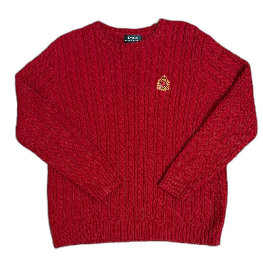 Ralph Lauren Women’s Red Cable Knit Crewneck Sweater size XL Academia Preppy